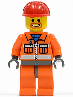 LEGO Construction Worker - Orange Zipper, Safety Stripes, Orange Arms, Orange Legs, Dark Bluish Gray Hips, Red Construction Helmet (cty0041)