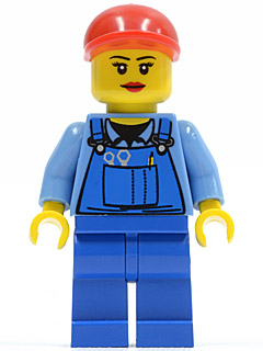 LEGO Overalls with Tools in Pocket Blue, Red Short Bill Cap, Eyelashes and Red Lips (cty0402)