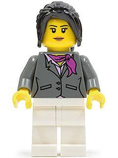 Dark Bluish Gray Jacket with Magenta Scarf, White Legs, Black Hair Ponytail Long with Side Bangs (City Square Car Saleswoman)