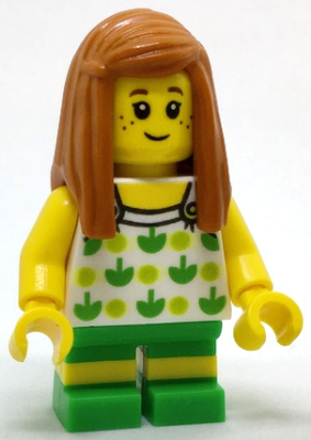 LEGO Child - Girl, White Halter Top with Green Apples and Lime Spots, Bright Green Short Legs with Molded Yellow Stripes, Dark Orange Long Hair, Freckles (cty0761)