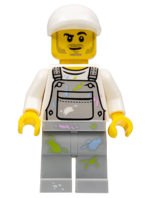 LEGO Painter - Male, Light Bluish Gray Overalls with Paint Splotches, White Cap, Stubble (cty0897)
