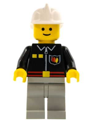 Fire - Flame Badge and 2 Buttons, Light Bluish Gray Legs, White Fire Helmet