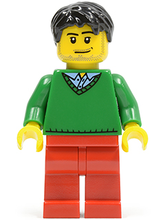 LEGO Green V-Neck Sweater, Red Legs, Black Short Tousled Hair, Smirk and Stubble Beard (hol023)