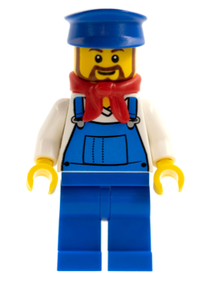 LEGO Overalls Blue over V-Neck Shirt, Blue Legs, Blue Hat, Brown Beard Rounded - Cargo Train Driver (trn228)