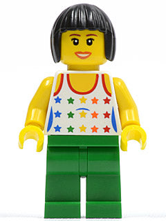 Shirt with Female Rainbow Stars Pattern, Green Legs, Black Bob Cut Hair