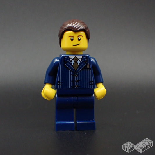 LEGO Businessman Pinstripe Jacket and Gold Tie, Dark Blue Legs, Dark Brown Hair, Crooked Smile (cty0460)