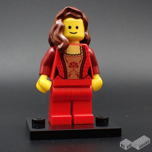 LEGO Female Corset with Gold Panel Front and Lace Up Back Pattern, Dark Red Legs, Reddish Brown Female Hair over Shoulder (twn137)