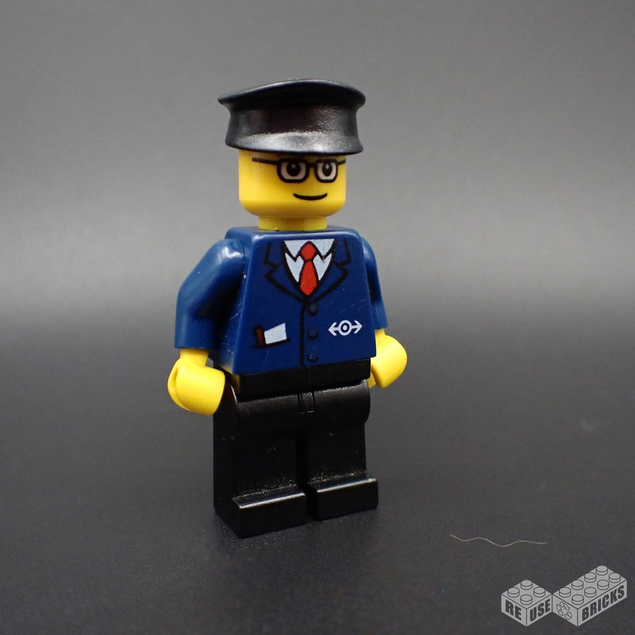 LEGO Dark Blue Suit with Train Logo, Black Legs, Brown Eyebrows, Black Hat (trn128)