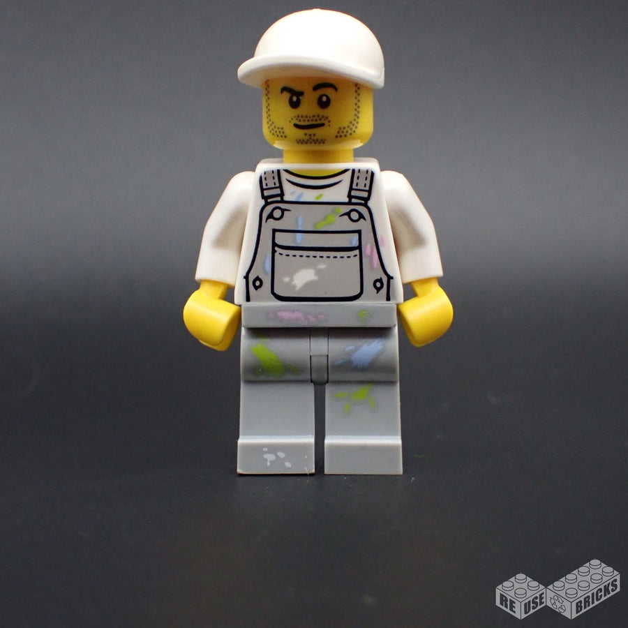 LEGO Painter - Male, Light Bluish Gray Overalls with Paint Splotches, White Cap, Stubble (cty0897)