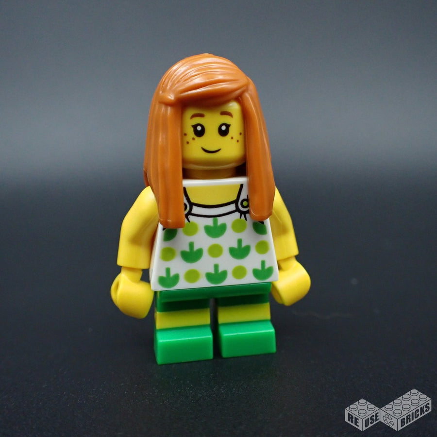 LEGO Child - Girl, White Halter Top with Green Apples and Lime Spots, Bright Green Short Legs with Molded Yellow Stripes, Dark Orange Long Hair, Freckles (cty0761)