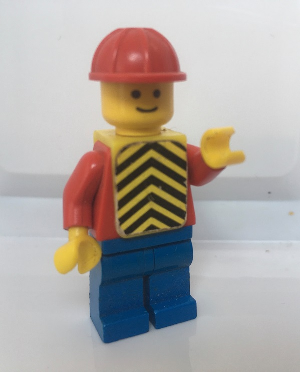 con014s Plain Red Torso with Red Arms, Blue Legs, Red Construction Helmet, Yellow Vest with Black Chevrons (Stickers)