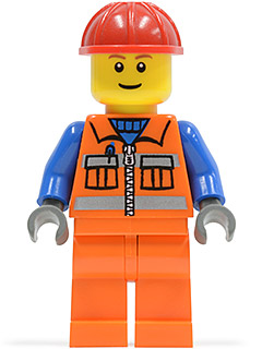 cty0014 Construction Worker - Orange Zipper, Safety Stripes, Blue Arms, Orange Legs, Red Construction Helmet