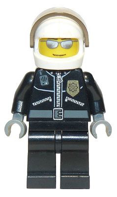 LEGO Police - City Leather Jacket with Gold Badge and 'POLICE' on Back, White Helmet, Trans-Brown Visor, Silver Sunglasses (cty0027a)