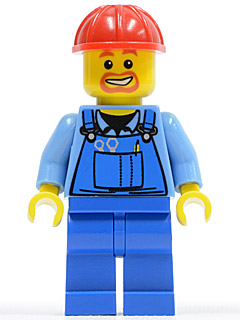 LEGO Overalls with Tools in Pocket Blue, Red Construction Helmet, Beard Around Mouth (cty0159)