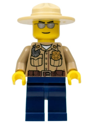 [CTY0260] Forest Police - Dark Tan Shirt with Pockets, Radio and Gold Badge, Dark Blue Legs, Campaign Hat, Silver Sunglasses
