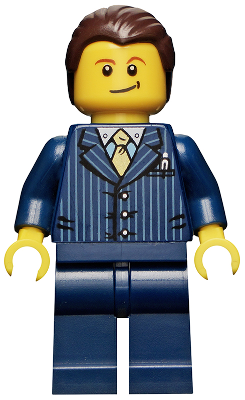 LEGO Businessman Pinstripe Jacket and Gold Tie, Dark Blue Legs, Dark Brown Hair, Crooked Smile (cty0460)