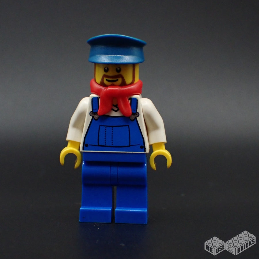 LEGO Overalls Blue over V-Neck Shirt, Blue Legs, Blue Hat, Brown Beard Rounded - Cargo Train Driver (trn228)
