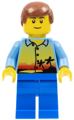 hol017 Sunset and Palm Trees - Male, Blue Legs, Reddish Brown Male Hair, Thin Grin