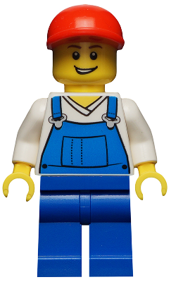 LEGO Overalls Blue over V-Neck Shirt, Blue Legs, Red Short Bill Cap, Open Grin (hol019)