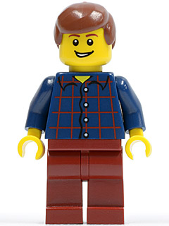 LEGO Plaid Button Shirt, Dark Red Legs, Reddish Brown Male Hair, Lopsided Grin with Teeth (hol030)