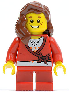 LEGO Sweater Cropped with Bow, Heart Necklace, Red Short Legs, Reddish Brown Female Hair over Shoulder (hol031)