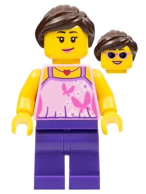 [HOL083] Girl, Bright Pink Top with Butterflies and Flowers, Dark Purple Legs, Dark Brown Hair Ponytail and Swept Sideways Fringe