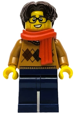 [HOL334] Wintertime Carriage Passenger - Male, Medium Nougat Argyle Sweater, Dark Blue Legs, Dark Brown Hair, Glasses, Red Scarf