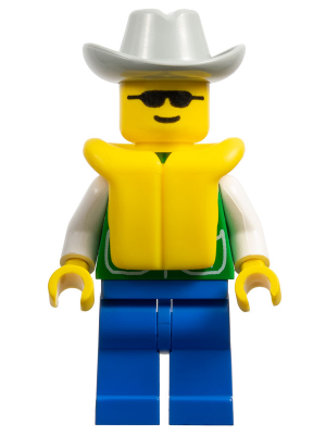 pck012 Jacket Green with 2 Large Pockets - Blue Legs, Light Gray Cowboy Hat, Life Jacket
