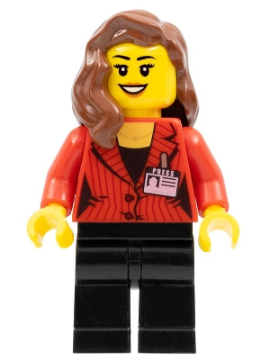 [SC011] Camerawoman - Red Suit Jacket with Press Pass, Black Legs, Reddish Brown Female Hair over Shoulder, Open Mouth Smile with Dark Orange Lips