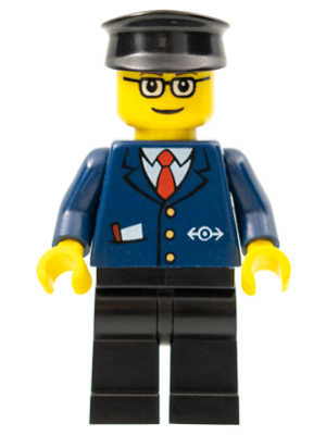LEGO Dark Blue Suit with Train Logo, Black Legs, Brown Eyebrows, Black Hat (trn128)