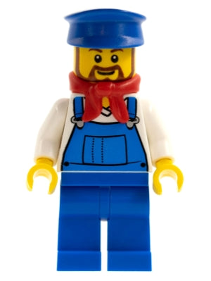 trn228 Overalls Blue over V-Neck Shirt, Blue Legs, Blue Hat, Brown Beard Rounded - Cargo Train Driver