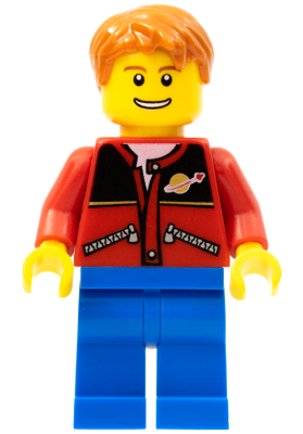 LEGO Red Jacket with Zipper Pockets and Classic Space Logo, Blue Legs, Dark Orange Short Tousled Hair (twn097)