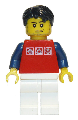 LEGO Red Shirt with 3 Silver Logos, Dark Blue Arms, White Legs, Black Short Tousled Hair (twn111)