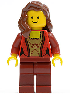 LEGO Female Corset with Gold Panel Front and Lace Up Back Pattern, Dark Red Legs, Reddish Brown Female Hair over Shoulder (twn137)